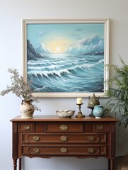 Hand-Painted Coastal Horizons: Vintage Landscape Painting � Serenity of Waves Crashing on the Shore