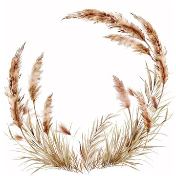 Watercolor wild floral wreath. Pampas graas for design boho and modern logo style . Panicle Cortaderia selloana South America, feathery flower head plumes for wedding invintation ans baby shower.
