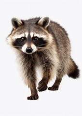 Young Raccoon standing in front and facing, Looking at the camera isolated on white
