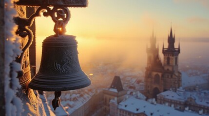 Bell closeup view with beautiful historical buildings at sunrise in winter in Prague city in Czech Republic in Europe.