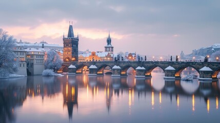 Charles bridghe with beautiful historical buildings at sunrise in winter in Prague city in Czech Republic in Europe. - 711139125