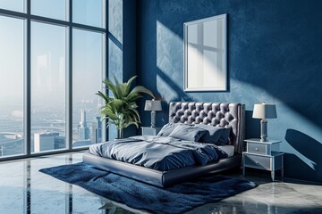 Luxury penthouse bedroom with a king-size silver bed, panoramic views, and a blank mockup frame on a royal blue wall - obrazy, fototapety, plakaty