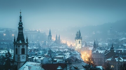 Beautiful historical buildings in winter with snow and fog in Prague city in Czech Republic in Europe. - 711139393