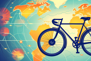 Bicycle Day Running the World: June 3, Summary title for posters, banners, backgrounds, and wallpaper with bicycles and world maps combined generative ai
