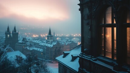 Beautiful historical buildings in winter with snow and fog in Prague city in Czech Republic in Europe. - 711139565