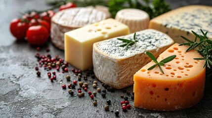 various types of cheese on a dark concrete background. Top view