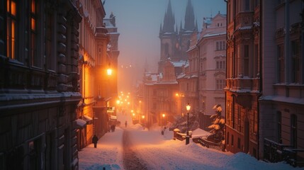 Street view with beautiful historical buildings in winter with snow and fog in Prague city in Czech Republic in Europe. - 711139588