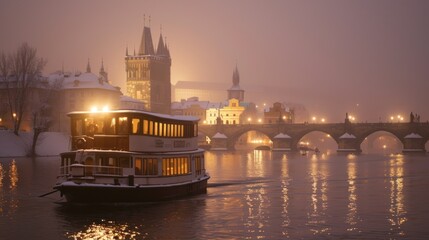 Boat in river with bridge and beautiful historical buildings in winter in Prague city in Czech Republic in Europe. - 711139712