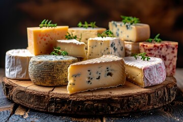 various types of cheese on rustic wooden table