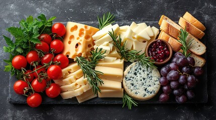various types of cheese on a dark concrete background. Top view