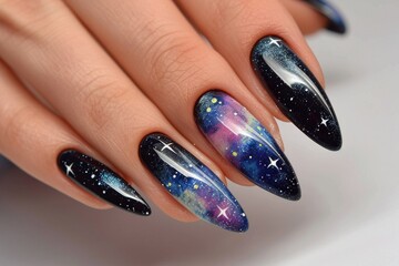 Sharp nails with glitter and cosmic pattern on dark background.