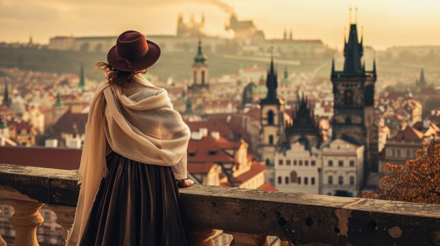 A Graceful Lady Standing With A View Of Historic Buildings In The City Of Prague, Czech Republic In Europe.