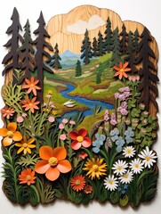 Handcrafted Woodland Artistry: Vintage Forest Wildflower Field Landscape