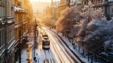 A tram in winter in the street of Prague. Czech Republic in Europe. - 711140366