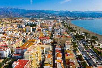 Picturesque summer view from drone of coastal Mediterranean town of Torre del Mar, Andalusia,...