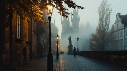 Autumn foliage with street and beautiful historical buildings of Prague city in Czech Republic in Europe. - 711140983