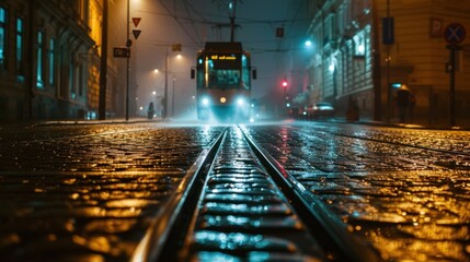 A tram at night in the street of Prague. Czech Republic in Europe. - 711141142