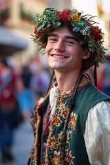 A handsome young man in traditional Czech clothing in street with historic buildings in the city of Prague, Czech Republic in Europe. - 711141314
