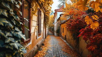 Autumn foliage with beautiful historical buildings of Prague city in Czech Republic in Europe. - 711141371