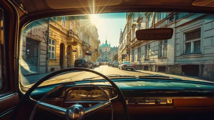  Street view from a vintage car with Historic buildings in the city of Prague, Czech Republic in Europe. © rabbit75_fot