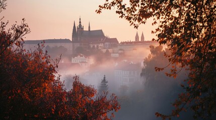 Autumn foliage with beautiful historical buildings of Prague city in Czech Republic in Europe. - 711141587