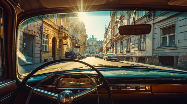 Fototapeta Street view from a vintage car with Historic buildings in the city of Prague, Czech Republic in Europe.