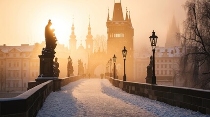 A winter morning of Charles Bridge with snow and historic buildings in the city of Prague, Czech Republic in Europe. - 711141705