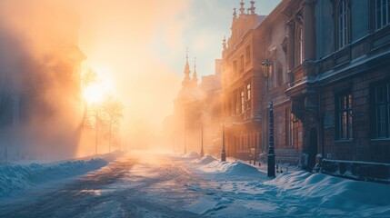 Historic buildings in the city of Prague in winter with fog and snow, Czech Republic in Europe. - 711141729
