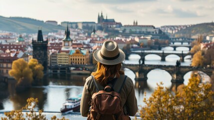 Back view of a young girl watching a fantastic view of bridges over Vltava River with historic buildings in the city of Prague, Czech Republic in Europe. - 711141731