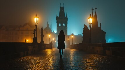 Silhouette of a girl in Charles bridge with historic buildings in the city of Prague, Czech Republic in Europe. - 711141758