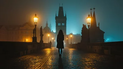 Papier Peint photo Pont Charles Silhouette of a girl in Charles bridge with historic buildings in the city of Prague, Czech Republic in Europe.