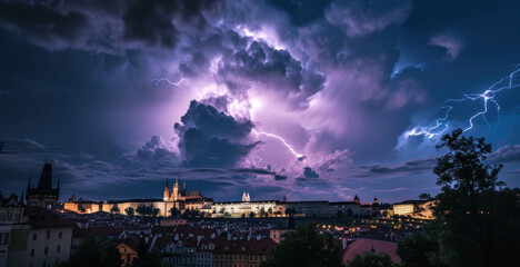 Thunderstorm over Prague city in Czech Republic in Europe. - 711141916