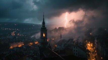 Thunderstorm over Prague city in Czech Republic in Europe. - 711142100