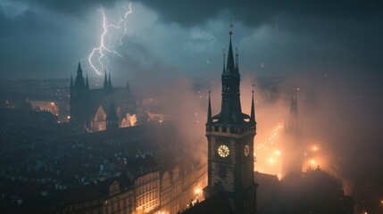 Thunderstorm over Prague city in Czech Republic in Europe. - 711142188