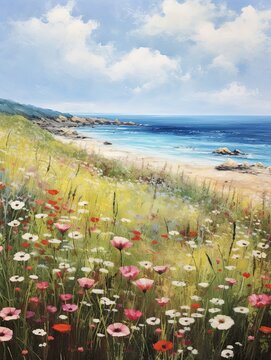 Nautical Coastal Landscapes: Breathtaking Beach Views with Wildflower Fields - Vintage Painting Decor