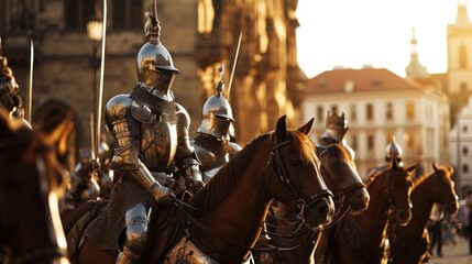 A team of medieval cavalry in armor on horseback marching in Prague city in Czech Republic in Europe. - 711142302