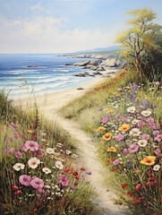 Nautical Coastal Landscapes: Vintage Painting Artistry - Canvas of Sandy Beaches and Flowering Meadows