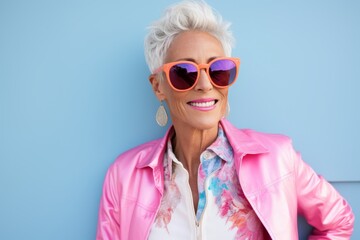 Fashionable senior woman in pink jacket and sunglasses over blue background.
