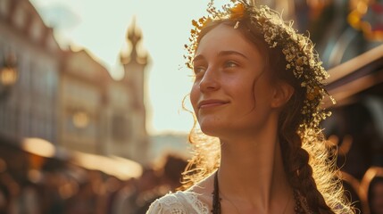 Lifestyle portrait of a beautiful Medieval lady in Prague city in Czech Republic in Europe. - 711142336