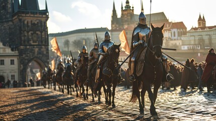 A team of medieval cavalry in armor on horseback marching in Prague city in Czech Republic in Europe. - 711142349