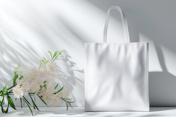Bag with flowers on white background mockup