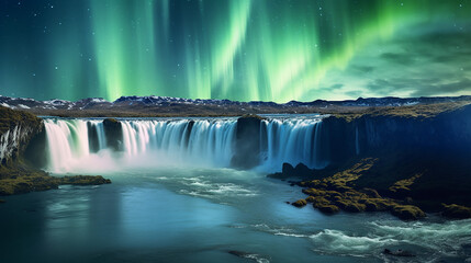 beautiful Aurora Borealis northern lights over godafoss waterfall