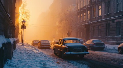 Vintage car in the street of Prague in winter. Czech Republic in Europe. - 711142541