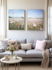 Nautical Coastal Landscapes: Tranquil Beach Vistas with Flowering Fields