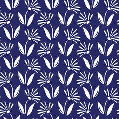 Floral print seamless pattern. Simple white flowers on navy blue background. Monochrome vector vector illustration	