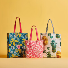Colorful shopping bags on yellow background