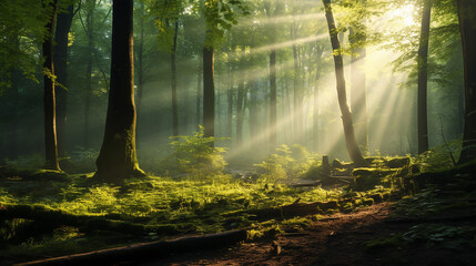 beautiful view of the forest in early morning with sunlight