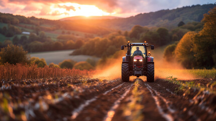 Hardworking Farmer Tilling Soil With Red Tractor in Sunlit Agricultural Field. A hardworking farmer meticulously tills the earth with a red tractor, preparing the soil for a new crop season.  - obrazy, fototapety, plakaty