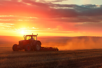 A tractor plowing a field with a sunset