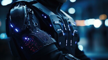 Closeup of a virtual reality haptic suit, covered in sensors that provide the user with realistic physical sensations in a digital world.